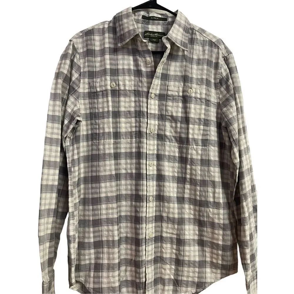 Eddie Bauer Men's Pockets Button-Up Long Sleeve Cotton Hi-Lo Plaid Shirt Size S